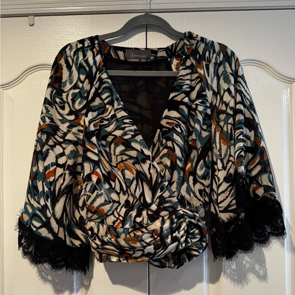 Anthropologie Green, Brown and Black Flutter Sleeve Wrap Top - Size S - Picture 4 of 8